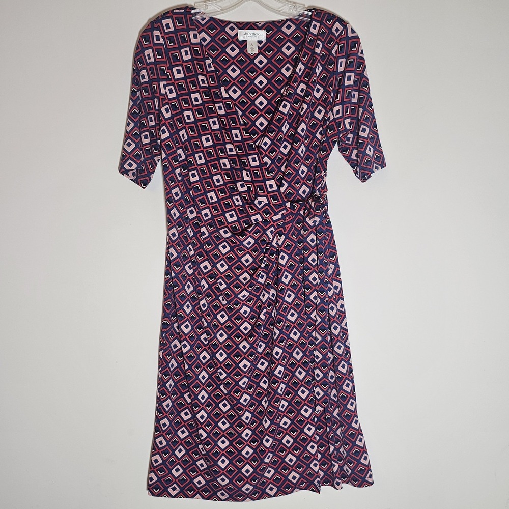 Motherhood Maternity Dress Womens Small Blue Pink Wrap V Neck‎ Stretchy Comfy S